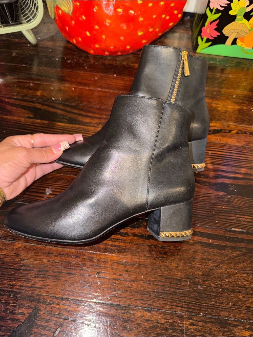 Michael Kors Black Leather Ankle Boots with Gold Stud Heel
